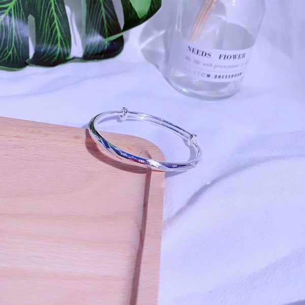 Sterling Silver Small Round Pattern Round Band Adjustable Bangle Bracelet