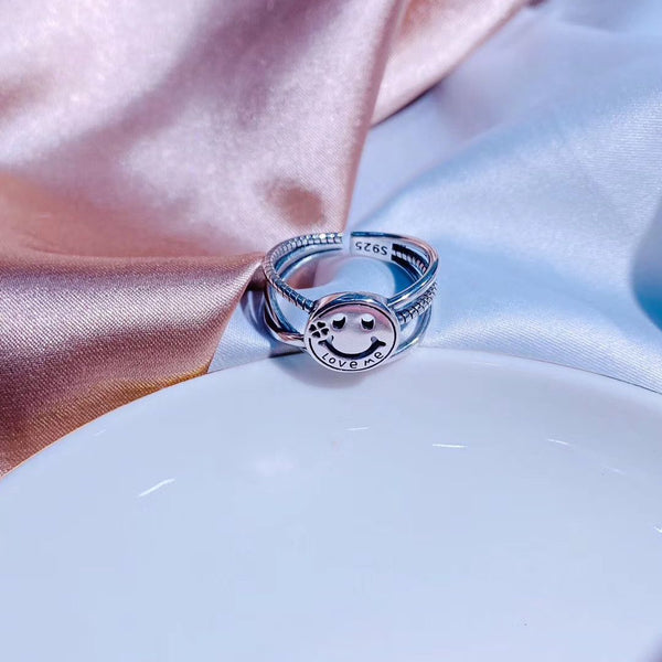Sterling Silver Smile Face-Love Me-Triple Band