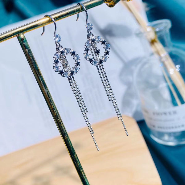 Sterling Silver Stars & Round Cz Circle Tassel Style Earring