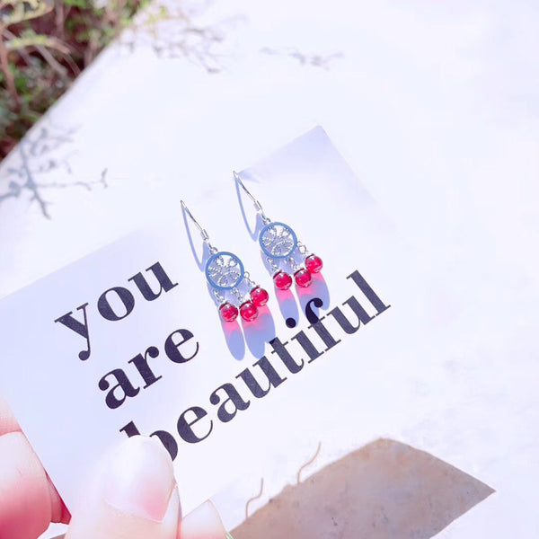 Sterling Silver Dreamcatcher With Red Garnets Tassel Style Earring