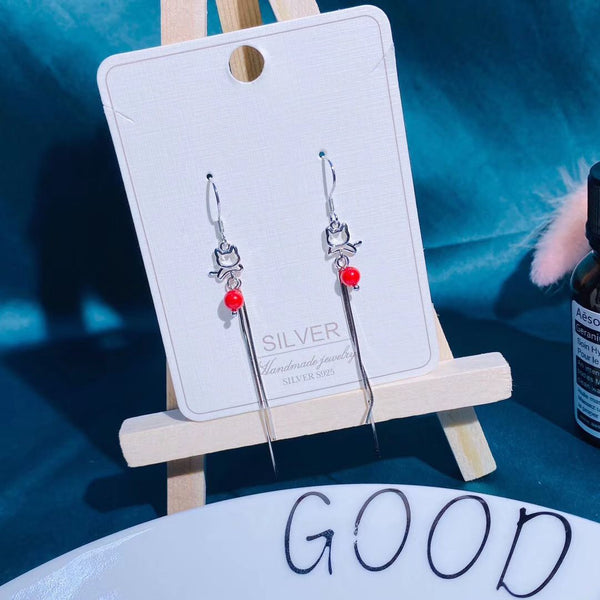 Sterling Silver Hollow Cat Red Bead Tassel Style Earring