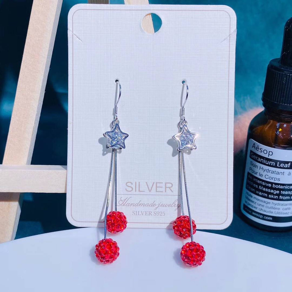 Sterling Silver Hollow Star Round CZ Stone Red Bead Tassel Style Earring