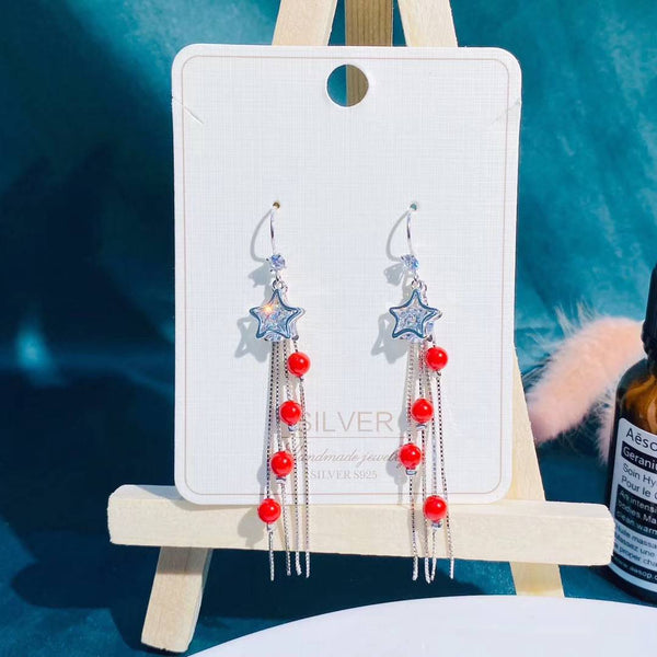 Sterling Silver Hollow Star Round CZ Stone Strings Of Red Bead Tassel Style Earring