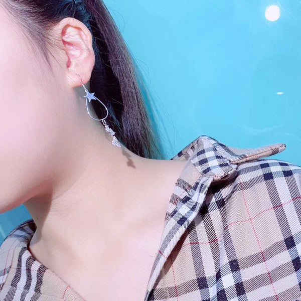 Sterling Silver Star & Hollow Drop With Crystal Accessories Tassel Style Earring