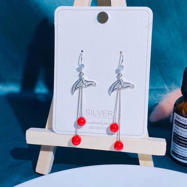 Sterling Silver Hollow Whale's Tail Red Bead Tassel Style Earring
