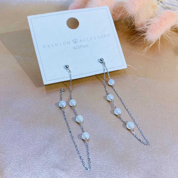 String Of White Beads Tassel Style Sterling Silver Earring