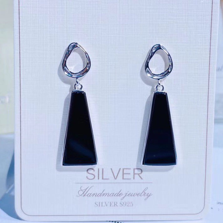 Trapezoidal Black Agate Sterling Silver Earring