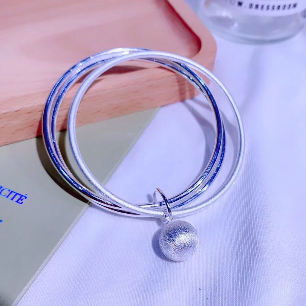 Triple Band With Frosted Ball Sterling Silver Bangle Bracelet