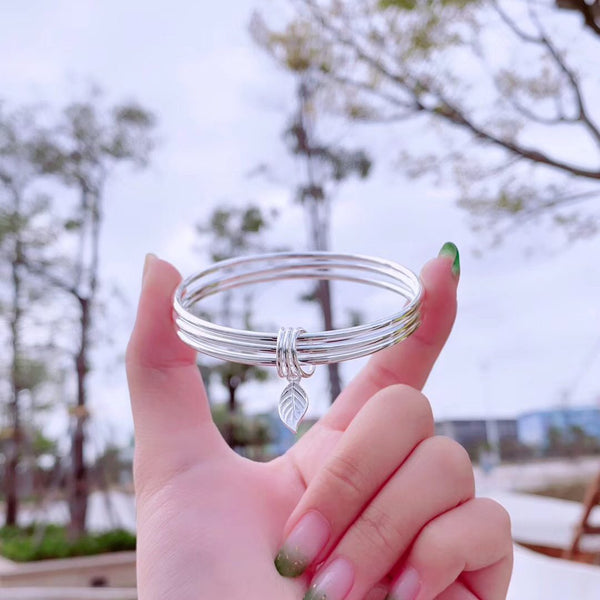 Triple Loop With Leaf Sterling Silver Bangle Bracelet