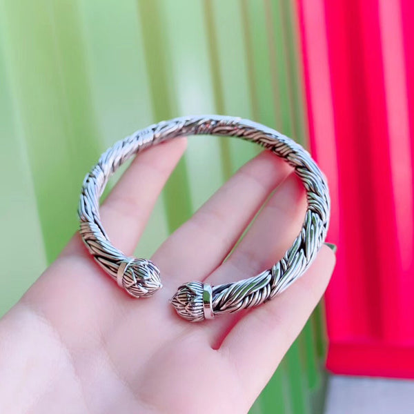 Vintage Design Sterling Silver Double Lotus Braided Open Cuff Bracelet