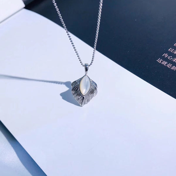 White Opal  Feather Pendant  Sterling Silver Necklace